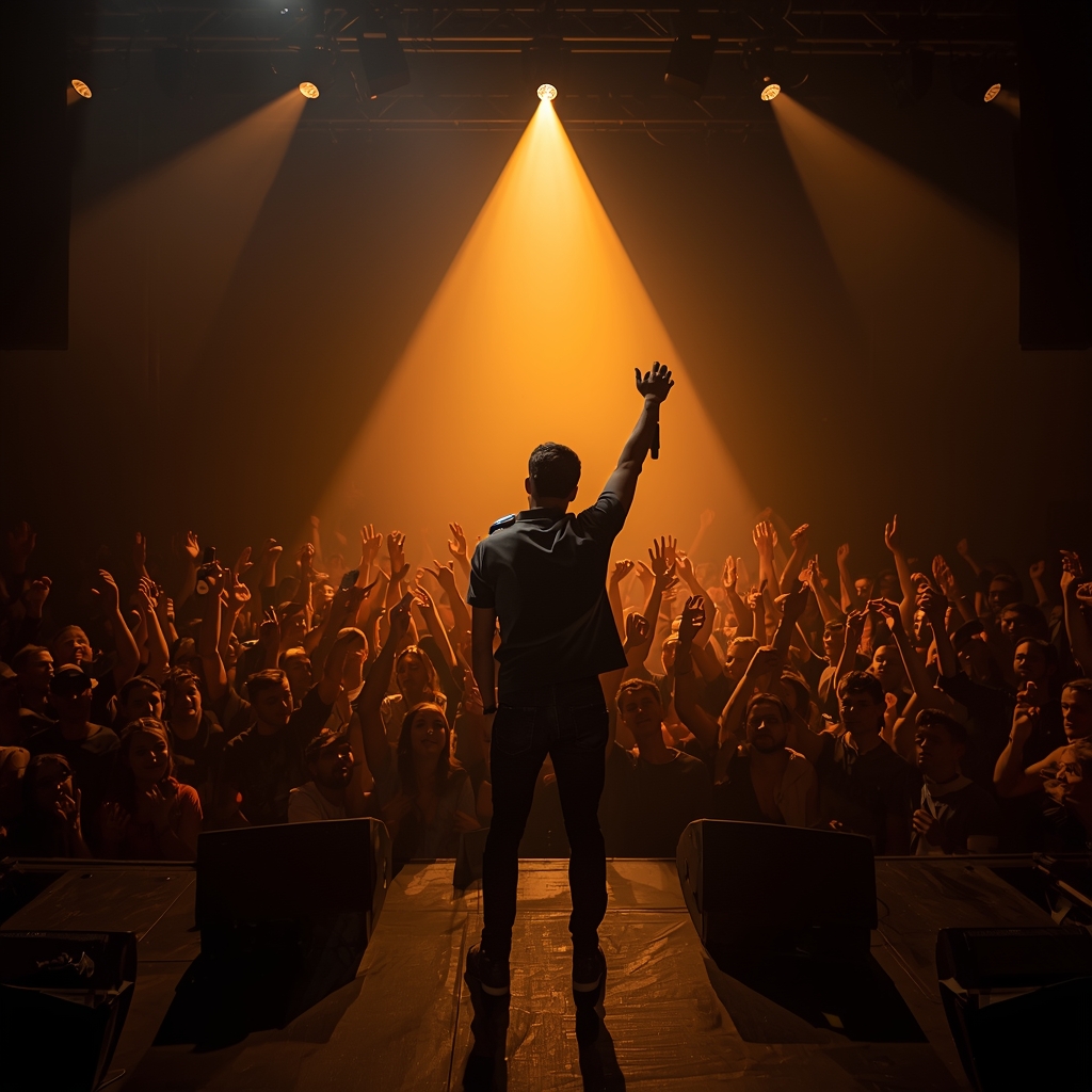 lucid origin a cinematic photograph of a male performer standing on stage holding a microphon 0